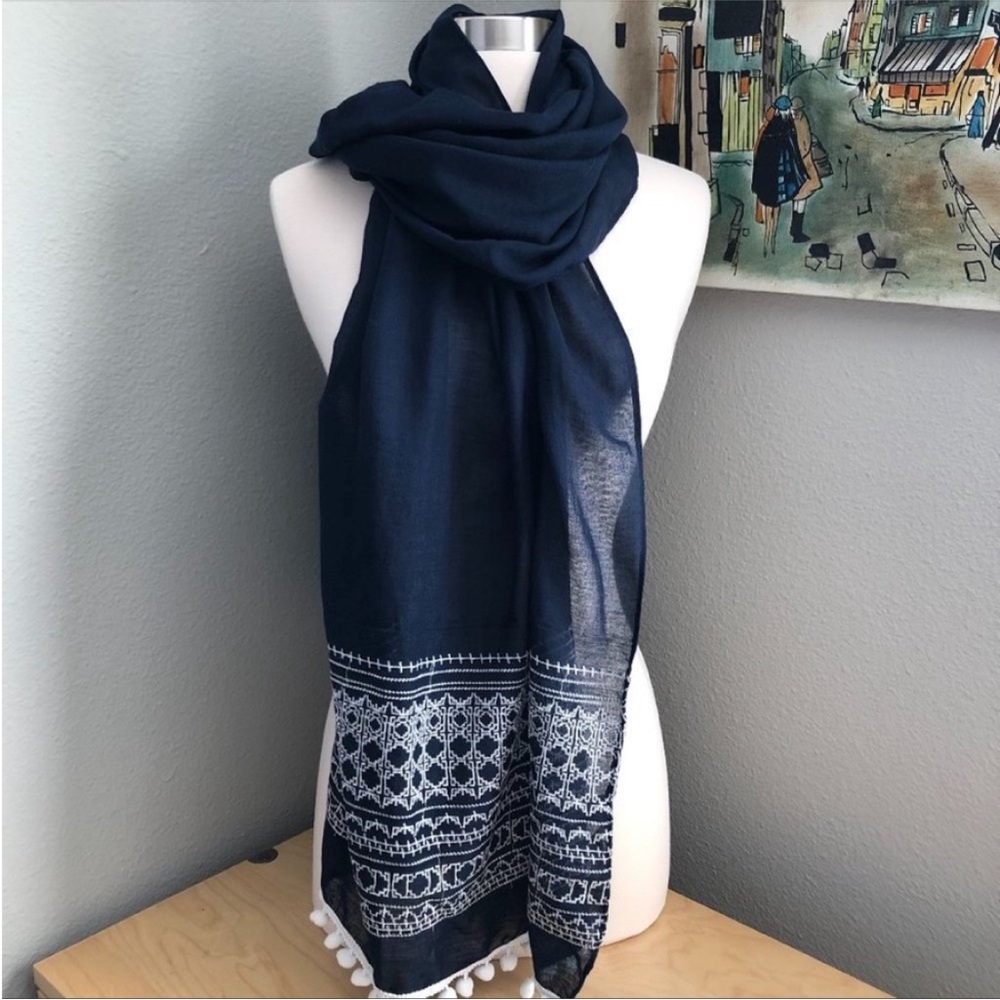 NWT Quagga Green Label Scarf Embroidered & Pom Pom Navy and White Wrap 70”x25”